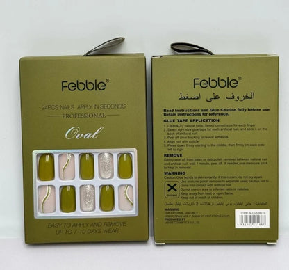 Febble - Olive Green & Silver Glam Press-On Nails